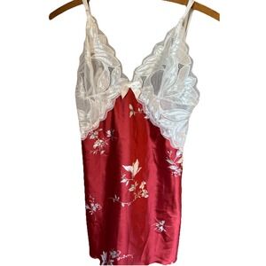Y2K Red Satin‎ Floral Lace Cami Lingerie Tank Top Small Whimsigoth Cottagecore